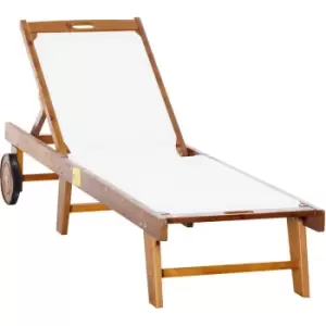 Outdoor Texteline Chaise Sun Lounger Acacia Wood Bed Recliner w/ Wheels - White - Outsunny