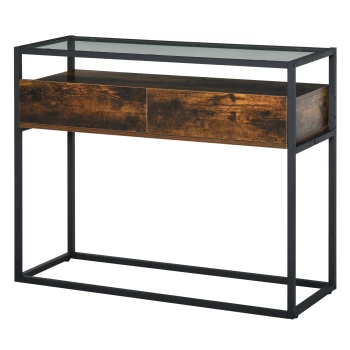 HOMCOM Entryway Console Table Desk with Drawers, Toughened Glass Shelf, 3D Wood Grain AOSOM UK