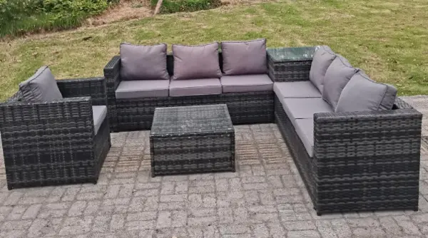 Fimous 7 Seater Outdoor Dark Grey Mixed Rattan Lounge Complete Sofa Set with Corner Sofa, Tables, and Chair