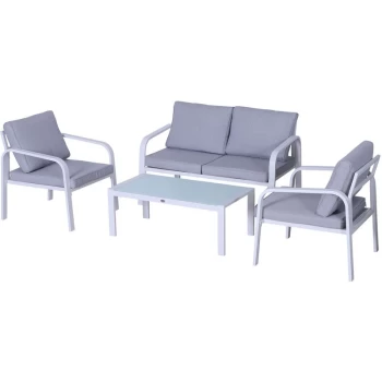 Outsunny - 4 Pcs Aluminium Garden Dining Set w/ Chairs Sofa Glass Top Table White