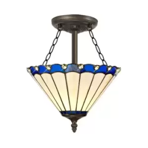 Luminosa Lighting - 3 Light Semi Flush Ceiling E27 With 30cm Tiffany Shade, Blue, Crystal, Aged Antique Brass