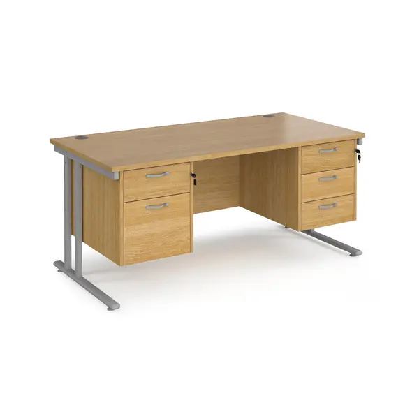 Maestro 25 Oak Straight Desk with 2 and 3 Drawer Pedestal and Silver Cantilever Leg Frame - 1600mm x 800mm