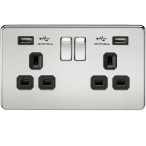 KnightsBridge 2G 13A Screwless Polished Chrome 2G Switched Socket with Dual 5V USB Charger Ports - Black Insert