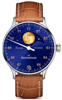 MeisterSinger Lunascope Blue Dial Brown Leather Strap Watch