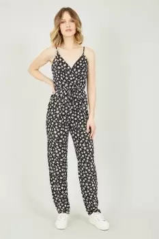 Black Daisy Print Wrap Front Jumpsuit