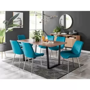 Furniture Box Kylo Brown Wood Effect Dining Table and 6 Blue Pesaro Silver Chairs