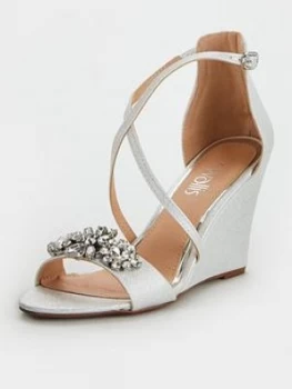 Wallis Jewelled Front Strap Wedge - White, Size 7, Women