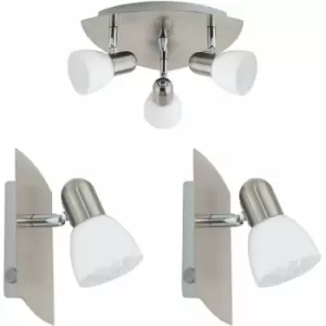 Ceiling Spot Light & 2x Matching Wall Lights Satin Nickel & Glass Triangle Lamp