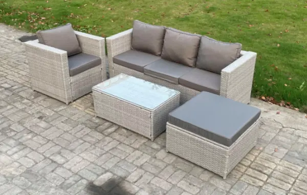 Fimous 4 Seater Light Grey Outdoor PE Rattan Lounge Sofa Complete Set with Oblong Coffee Table and Big Footstool