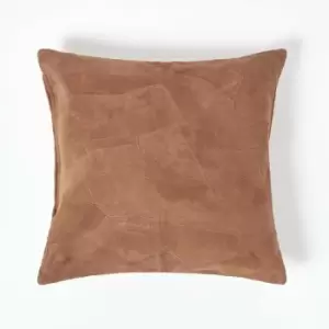 HOMESCAPES Tan Brown Real Leather Suede Cushion with Feather Filling - Brown