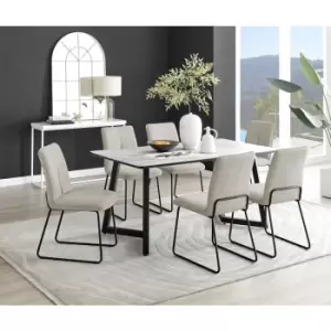 Furniturebox UK - Furniturebox Carson White Marble Effect Rectangular 160cm Dining Table & 6 Taupe Halle Fabric Chairs