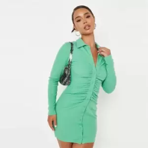 Missguided Black Rib Button Down Ruched Collar Mini Dress - Green