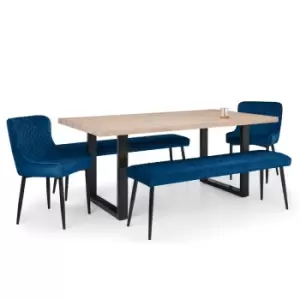 Julian Bowen Set Of Berwick Dining Table 2 Luxe Low Bench Blue & 2 Luxe Blue Chairs