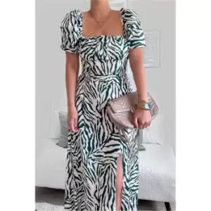 I Saw It First Zebra Print Square Neck Short Puff Sleeve Midi Dress - Green