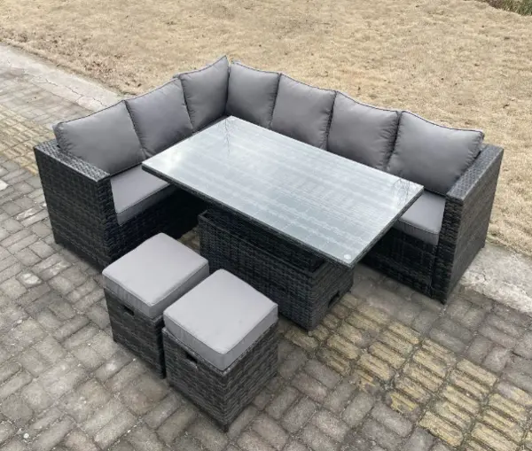 Fimous 6 Seater Outdoor Dark Grey Rattan Lounge Complete Sofa Set with Adjustable Dining Table and 2 Stools