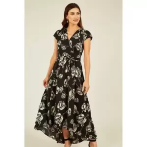 Mela London Black Rose Print Dipped Hem Wrap Dress - Black