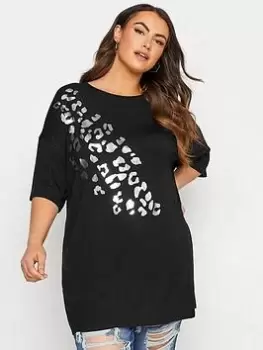 Yours Black Leopard Foil Oversize Tee Silver, Black, Size 18, Women