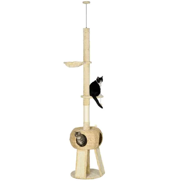 PawHut 255cm Cat Tree Tower w/ Scratching Post - Beige