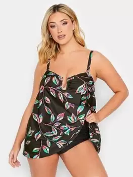 Yours Neon Tropic Metal Trim A-line Tankini, Black, Size 18, Women