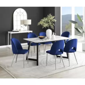 Furniturebox Carson White Marble Effect Rectangular 160cm Dining Table & 6 Blue Arlon Silver Leg Velvet Chairs