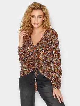 Long Tall Sally Ditsy Floral Ruched L/S Top - Black, Size 24, Women