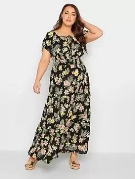 Yours Tropical Floral Print Bardot Maxi Dress - Black, Size 20, Women