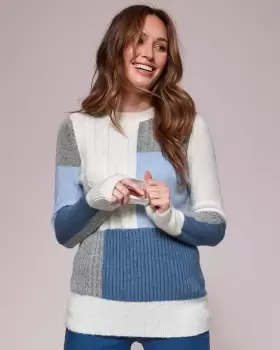 Cotton Traders Womens Patchwork Crew Neck Jumper in Blue