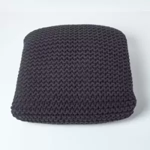 Black Square Cotton Knitted Pouffe Floor Cushion - Black - Homescapes