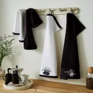 Tea and Coffee Embroidered 100% Cotton Tea Towels, Black/White, 4 Pack - Catherine Lansfield