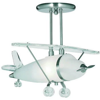 Searchlight Novelty - 1 Light Novelty Aeroplane Semi Flush Ceiling Light Satin Silver and Glass, E27