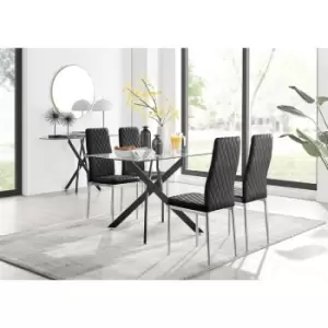 Furniturebox UK - Furniturebox Leonardo 4 Black Leg Glass Dining Table and 4 Black Milan Velvet Dining Chairs Diamond Stitch Modern Contemporary