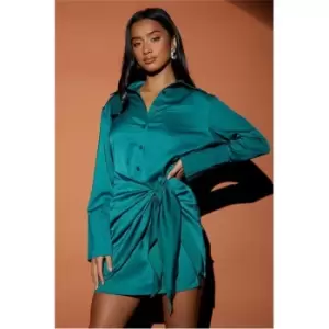 I Saw It First Emerald Green Petite Tie Detail Satin Shirt Dress - Green