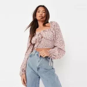 Missguided Tall Balloon Sleeve Tie Front Milkmaid Top - Pink