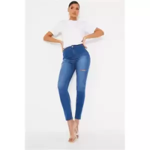 I Saw It First Mid Wash Stretch Thigh Rip High Waisted Denim Disco Skinny Jeans - Blue