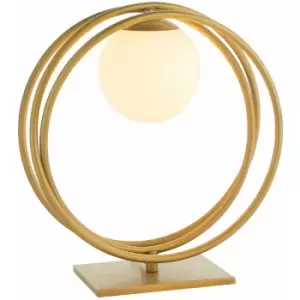 Brushed Gold Table Lamp Light - Gloss Opal Glass Shade - Circular Hoop Design