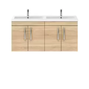 Nuie Athena 1200 Wall Hung 4-door Vanity & Ceramic Double Basin - Natural Oak