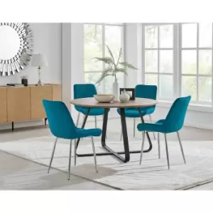 Furniture Box Santorini Brown Round Dining Table and 4 Blue Pesaro Silver Leg Chairs