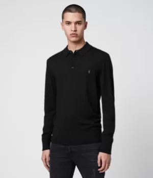 AllSaints Mens Mode Merino Long Sleeve Polo Shirt, Black, Size: M