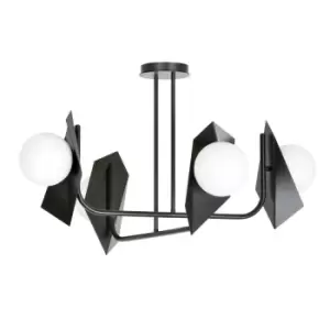 Thord Black DesignerSemi Flush Light with White Glass Shades, 4x E14