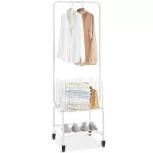 Metal Rolling Laundry Basket with Hanging Garment Rack, Height Adjustment Laundry Hamper Cart with Basket Load and Shelf Load, Storage Organizer with