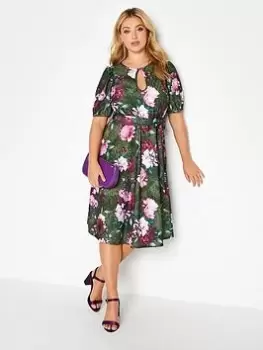 Yours Animal Floral Keyhole Skater Dress, Green, Size 20, Women