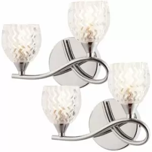 Loops - 2 pack LED Twin Wall Light Curved Chrome Arm Glass Pattern Shade Dimmable Lamp