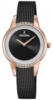 Festina Womens Black Steel Mesh Bracelet Black Crystal Watch