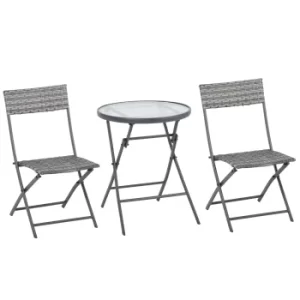 Outsunny 3 Pieces Patio Rattan Bistro Conversation Set Foldable Table and Chair Set for Outdoor Yard Porch Poolside Lawn Balcony Grey