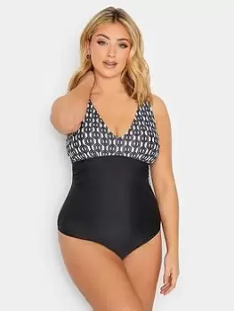 Yours Geometric Plunge Swimsuit, Black, Size 28, Women