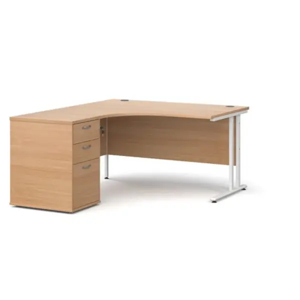 Office Desk Left Hand Corner Desk 1400mm With Pedestal Beech Top With White Frame Maestro 25