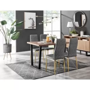 Furniture Box Kylo Brown Wood Effect Dining Table and 4 Grey Velvet Milan Gold Leg Chairs