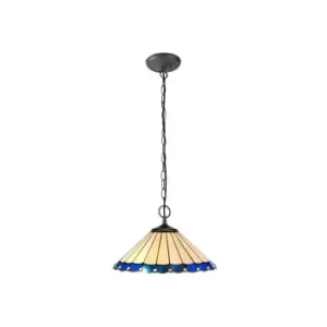 2 Light Downlighter Ceiling Pendant E27 With 40cm Tiffany Shade, Blue, Crystal, Aged Antique Brass