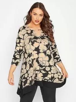 Yours Notch Neck Hanky Hem Tee Big Floral Back, Black, Size 34-36, Women