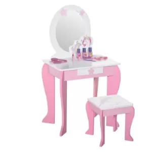 HOMCOM Girls Dressing Table with Mirror and Stool, Kids Dressing Table, Unicorn Pretend Play Toy for Toddles Girls Age 3-6 Years, Acrylic Mirror, Pink